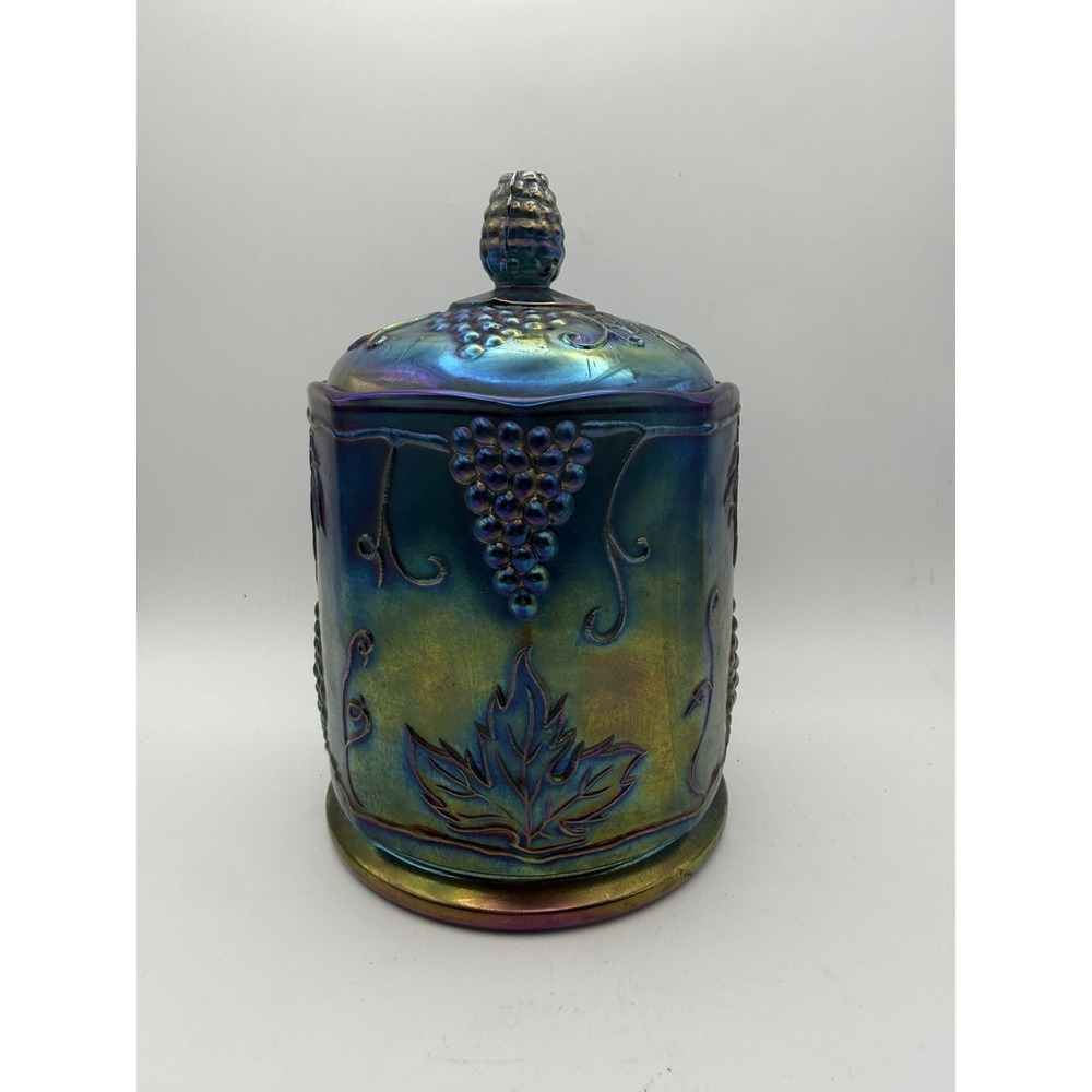 Vintage Indiana Glass Blue Iridescent Carnival Glass Harvest Grape Candy Jar